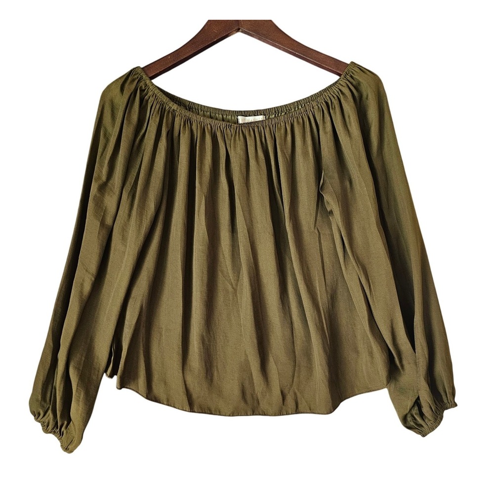 The Hanger Womens Olive Green Off The Shoulder Balloon Sleeve Blouse Size M